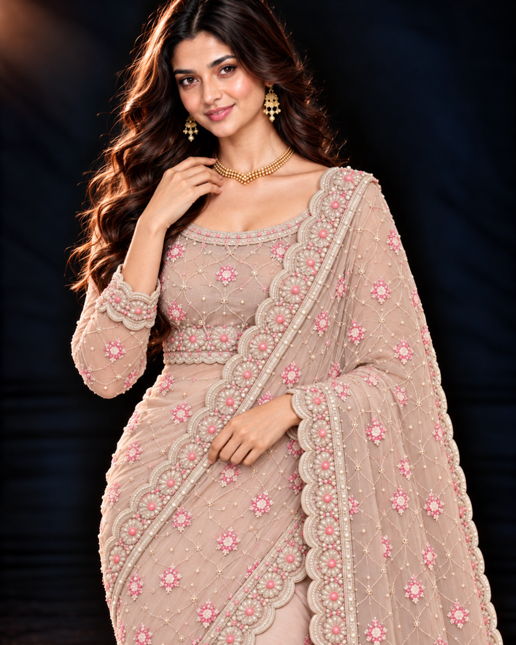 Peach Dori Work Embroidered Saree (ATS-004)