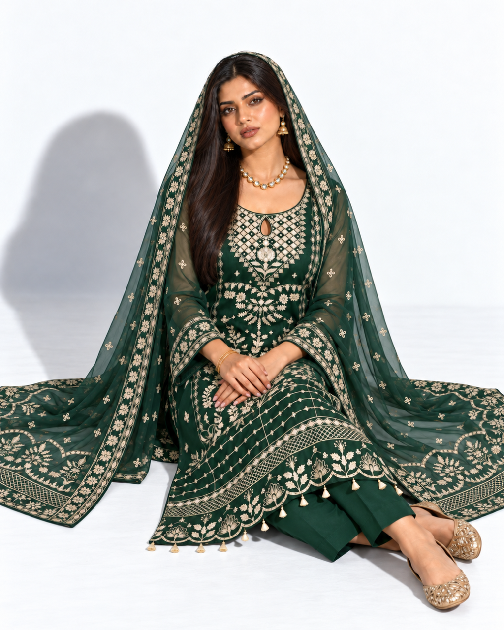Green Embroidered Organza Suit (ATK-003)