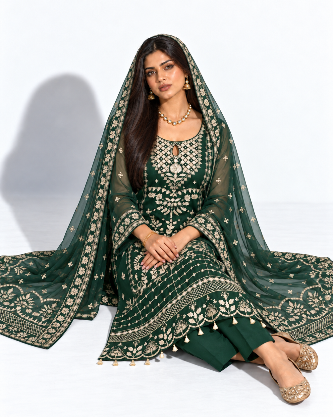 Green Embroidered Organza Suit (ATK-003)