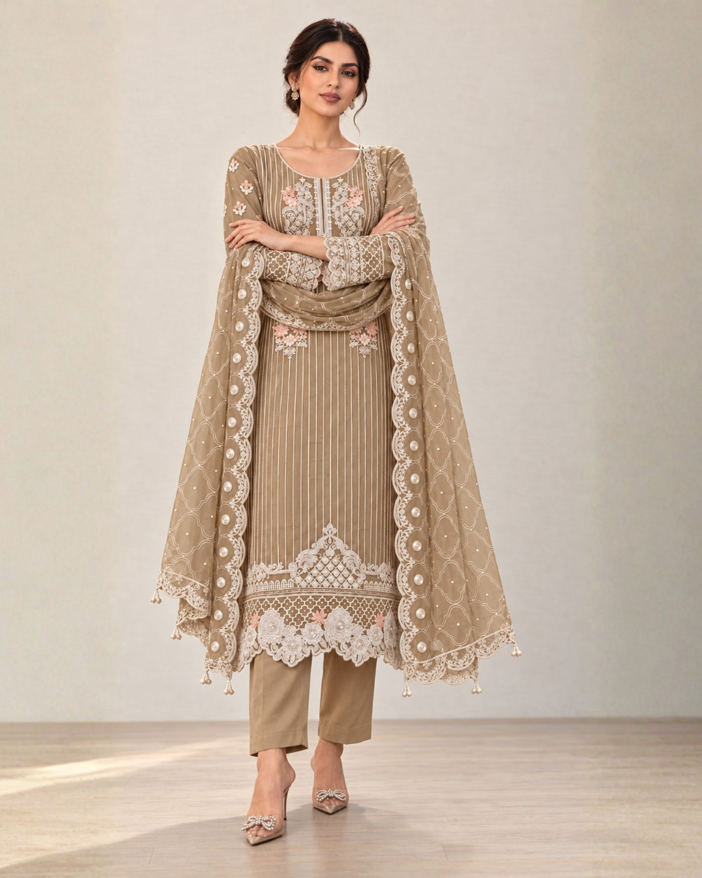 Golden Embroidered Organza Suit (ATK-005)