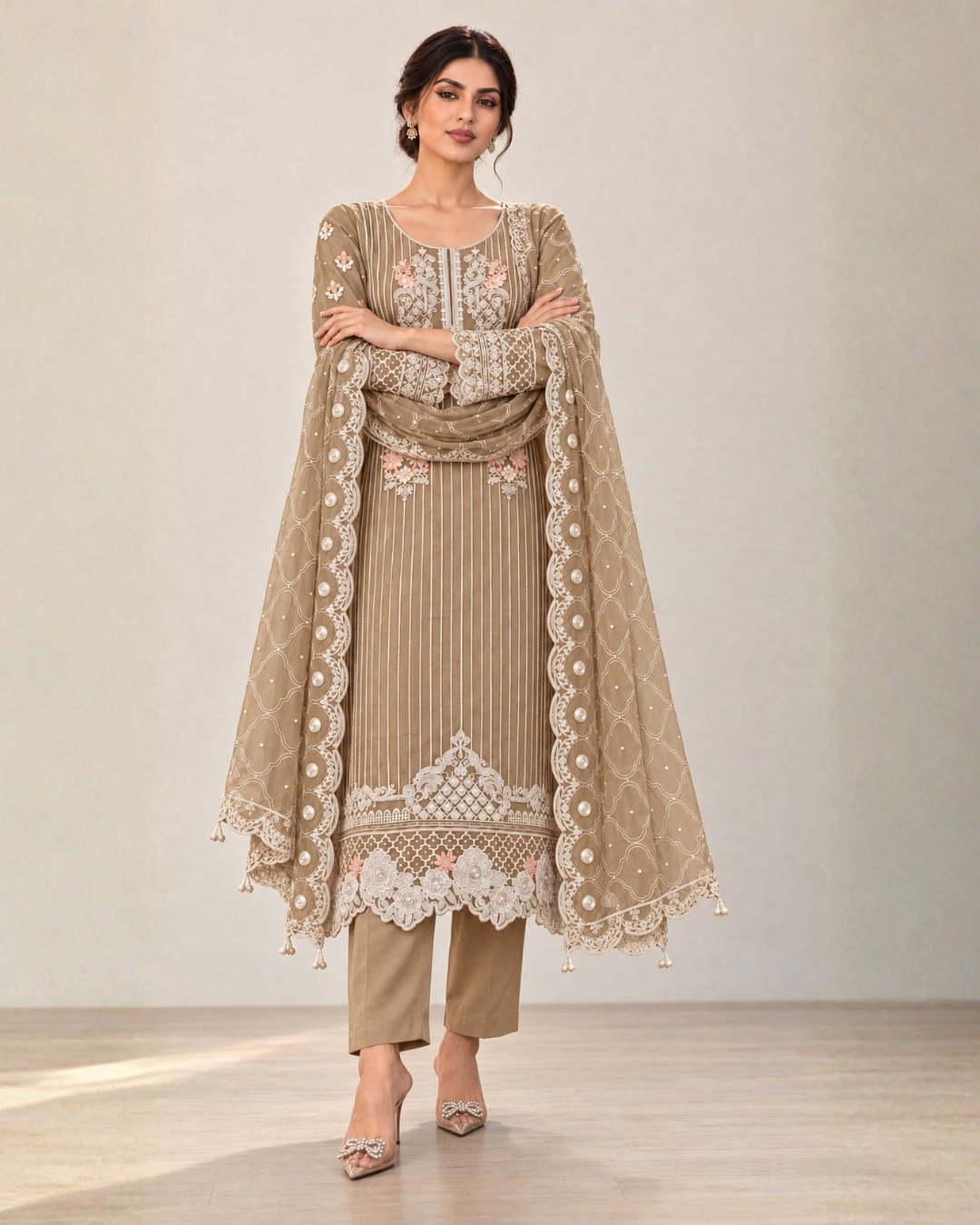 Golden Embroidered Organza Suit (ATK-005)