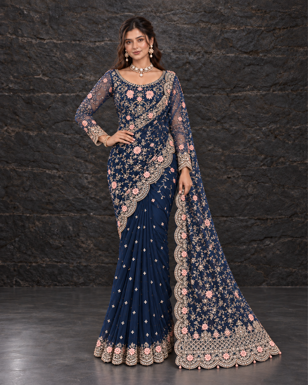 Blue Heavy Embroidered Net Saree (ATS-006)