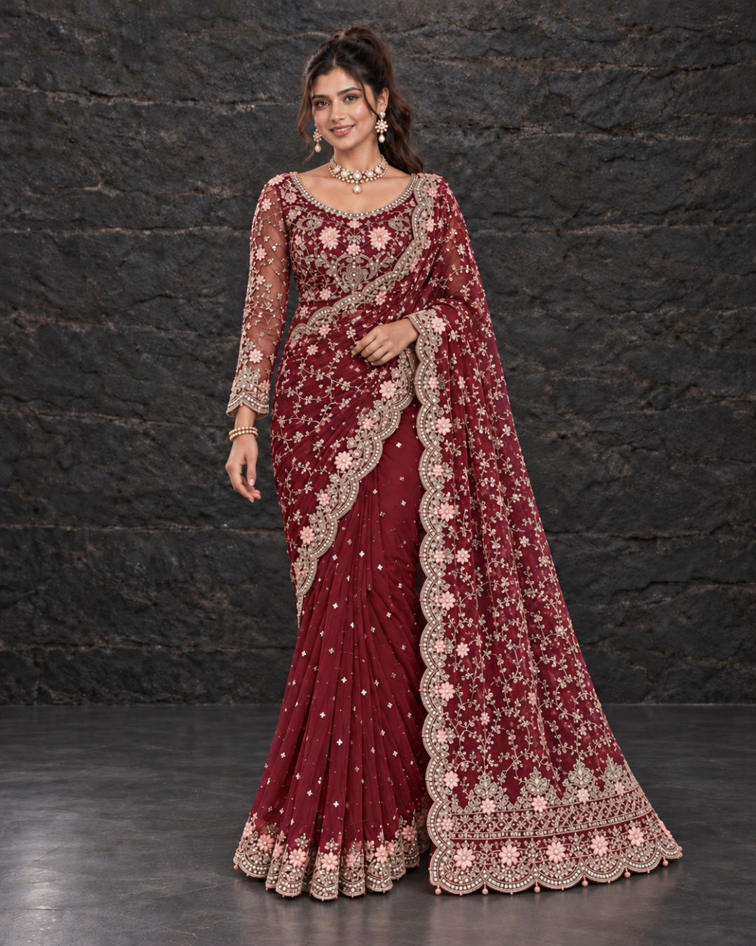 Maroon Heavy Embroidered Net Saree (ATS-007)