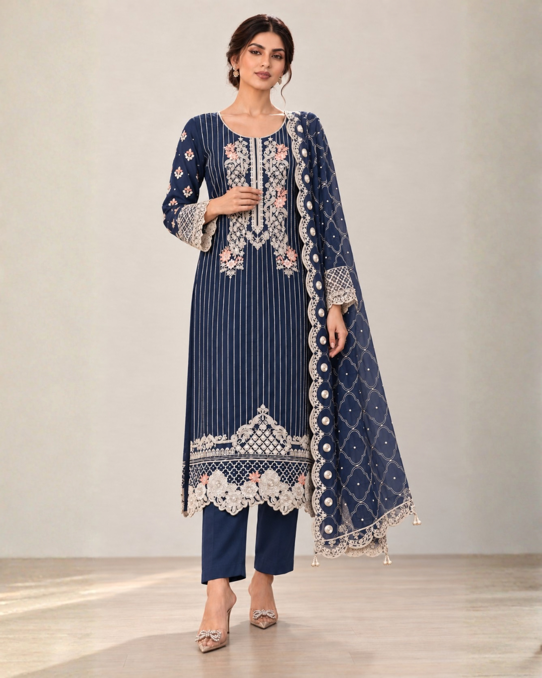 Blue Embroidered Organza Suit (ATK-007)