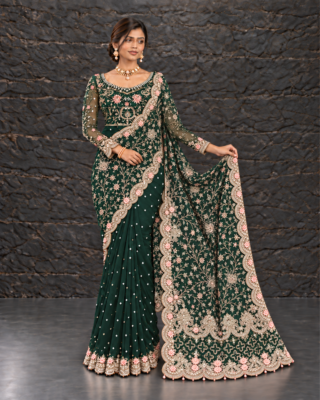 Green Heavy Embroidered Net Saree (ATS-009)