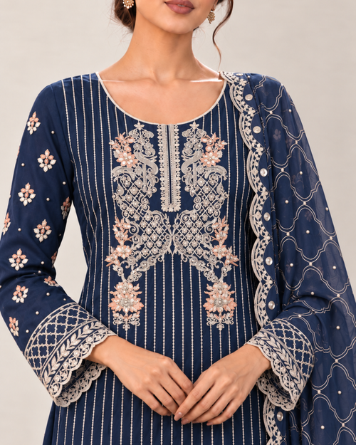 Blue Embroidered Organza Suit (ATK-007)
