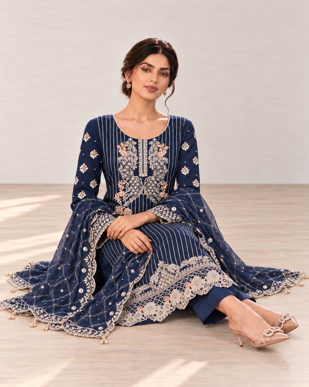 Blue Embroidered Organza Suit (ATK-007)