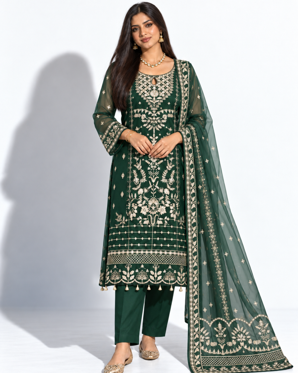 Green Embroidered Organza Suit (ATK-003)