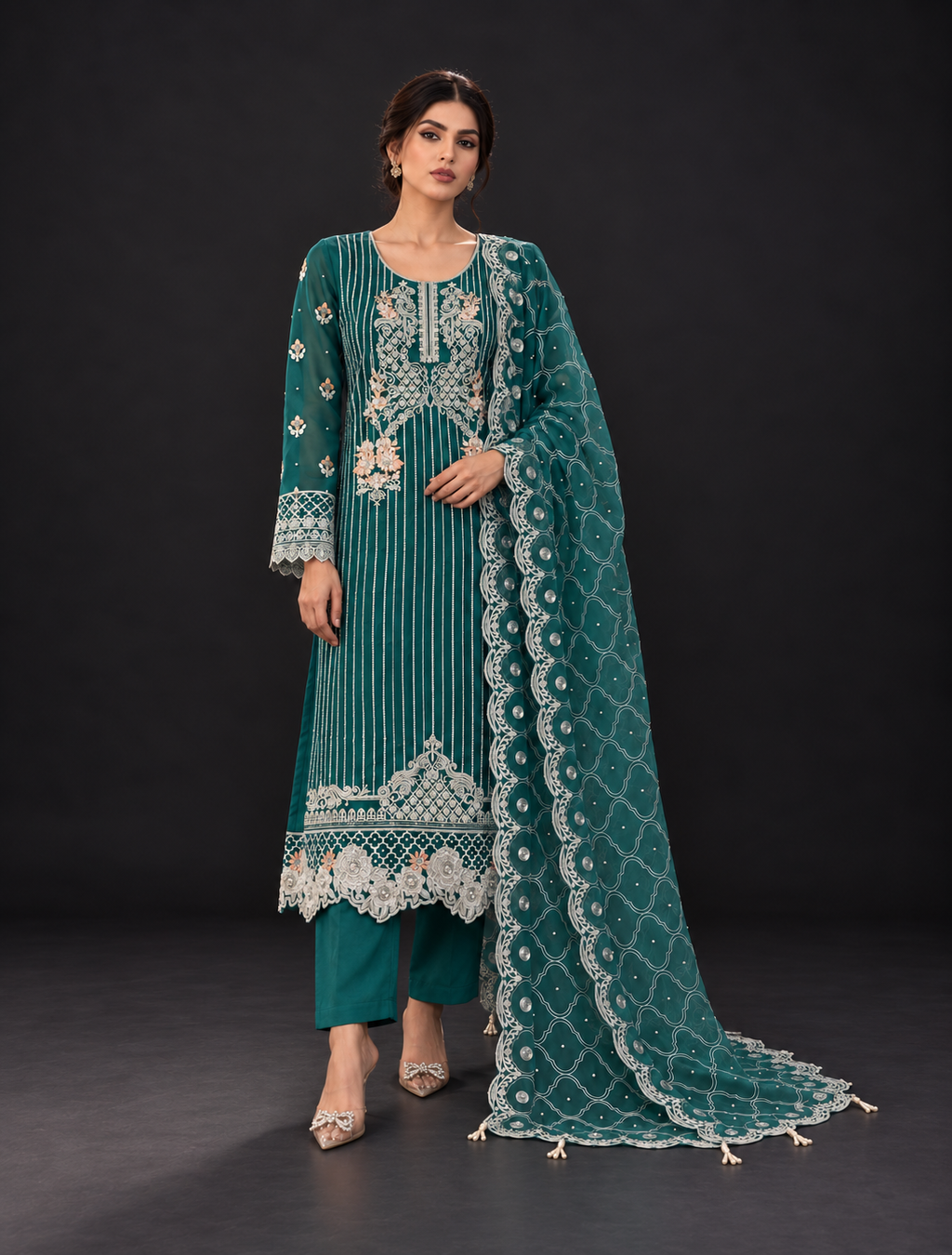 Teal Embroidered Organza Suit (ATK-006)