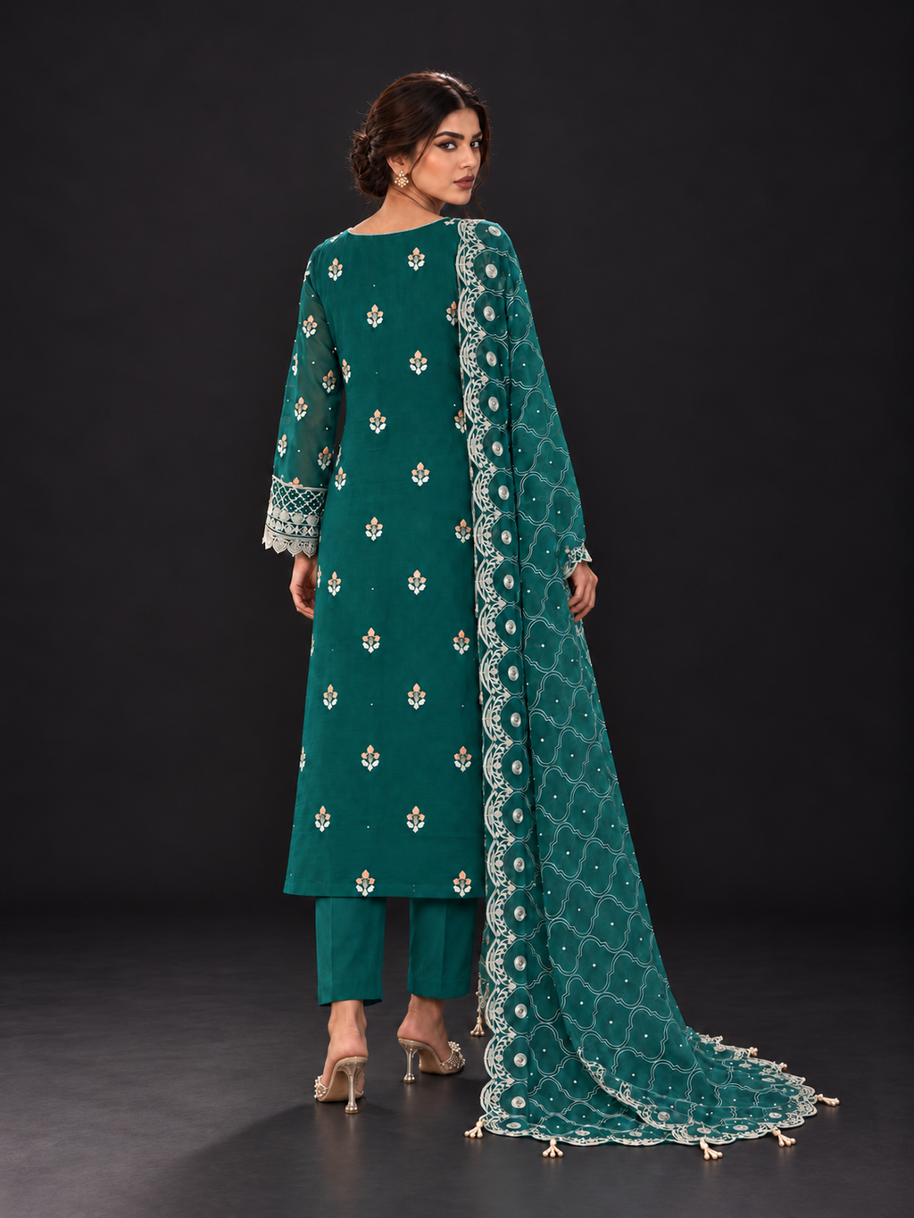 Teal Embroidered Organza Suit (ATK-006)