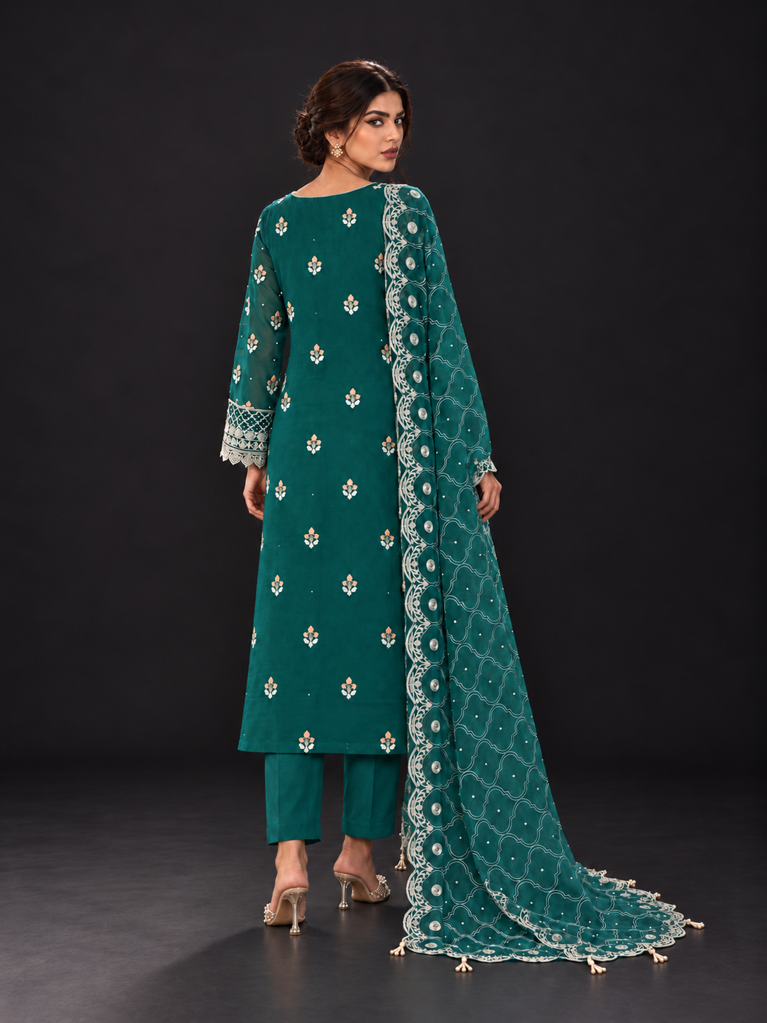 Teal Embroidered Organza Suit (ATK-006)