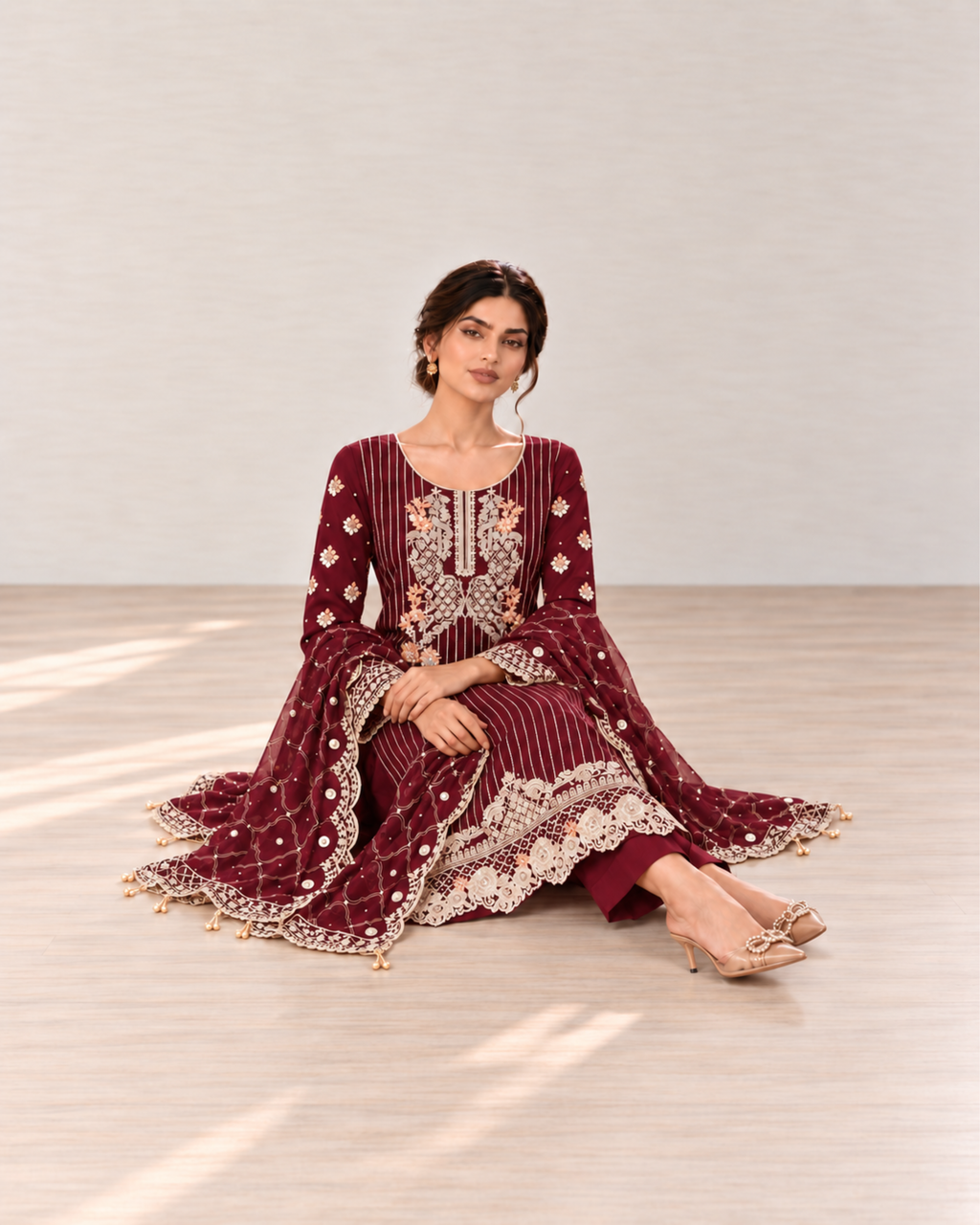 Maroon Embroidered Organza Suit (ATK-008)