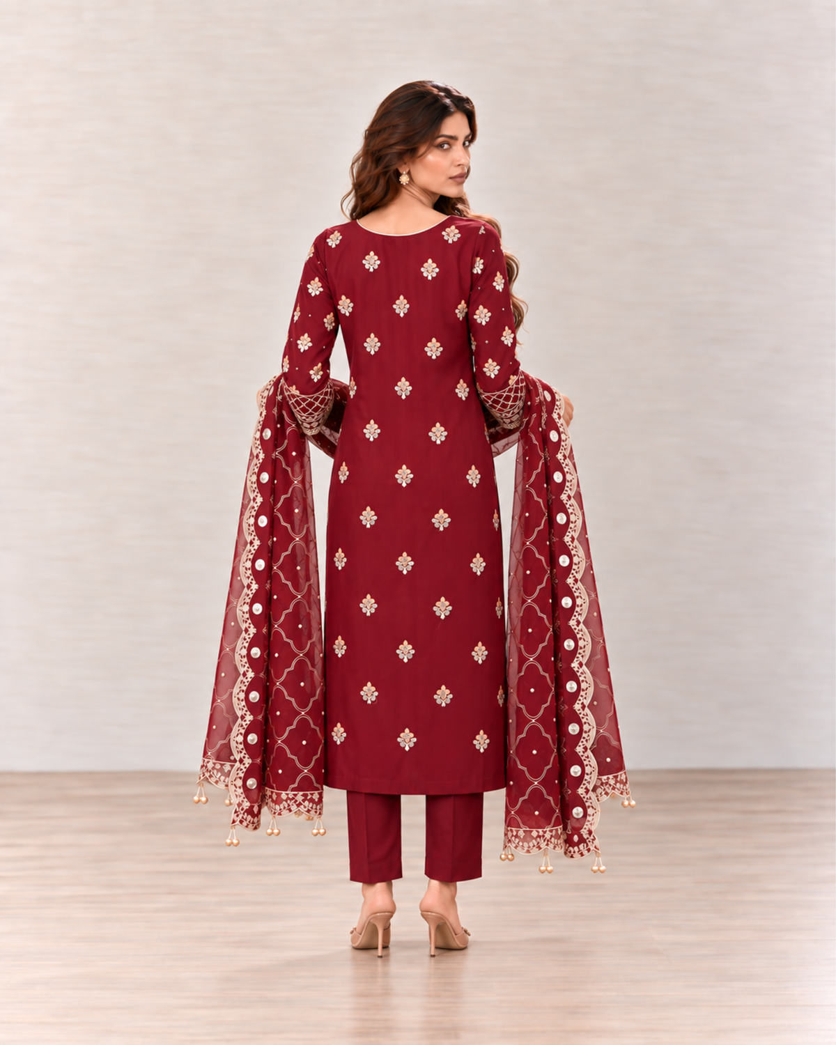 Maroon Embroidered Organza Suit (ATK-008)