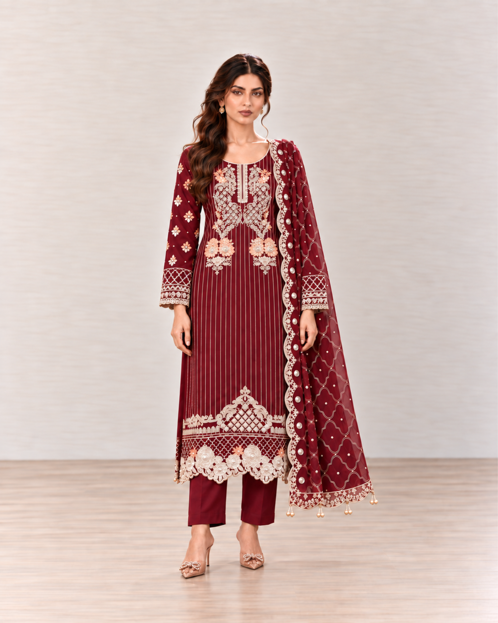 Maroon Embroidered Organza Suit (ATK-008)