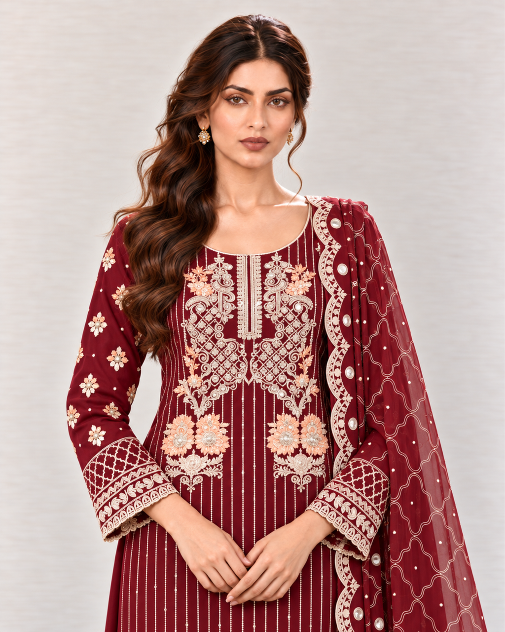 Maroon Embroidered Organza Suit (ATK-008)