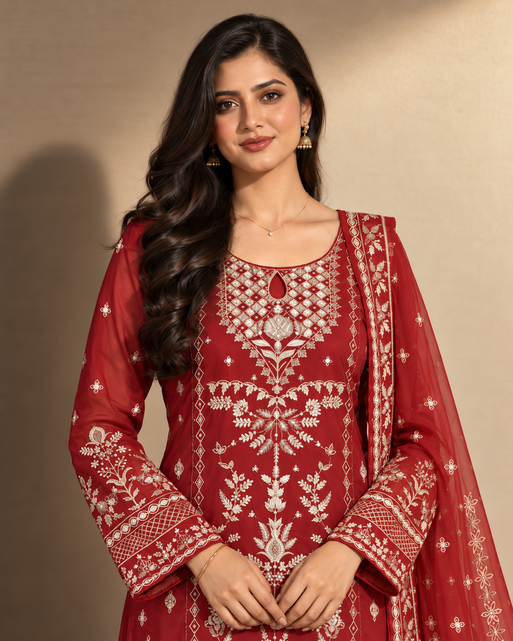 Red Embroidered Organza Suit (ATK-001)