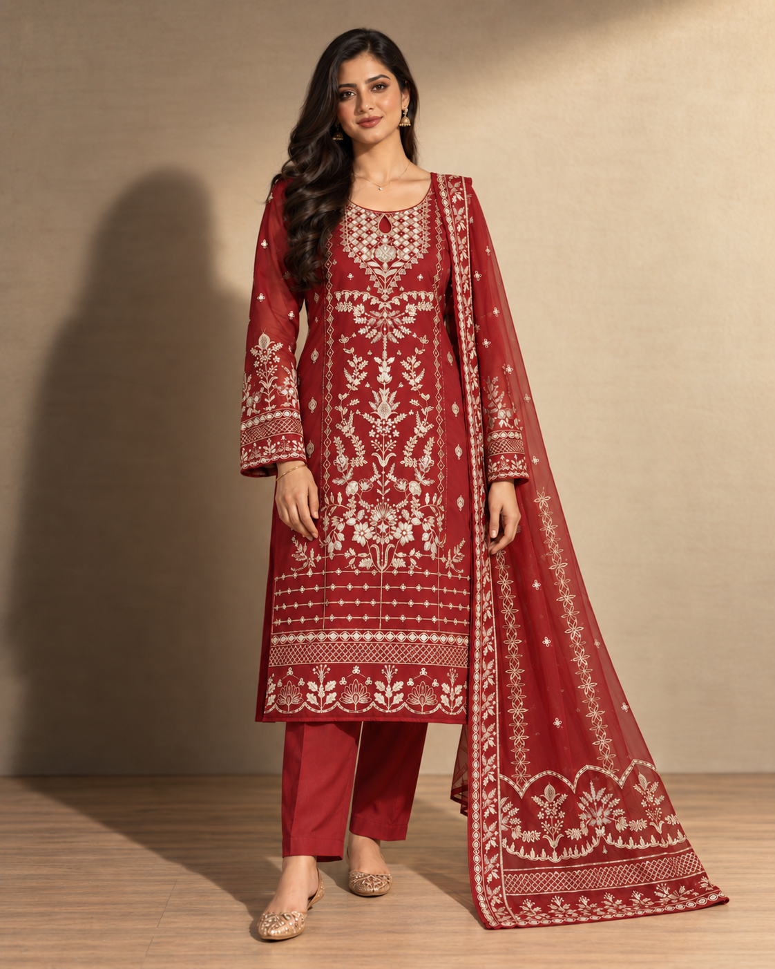 Red Embroidered Organza Suit (ATK-001)