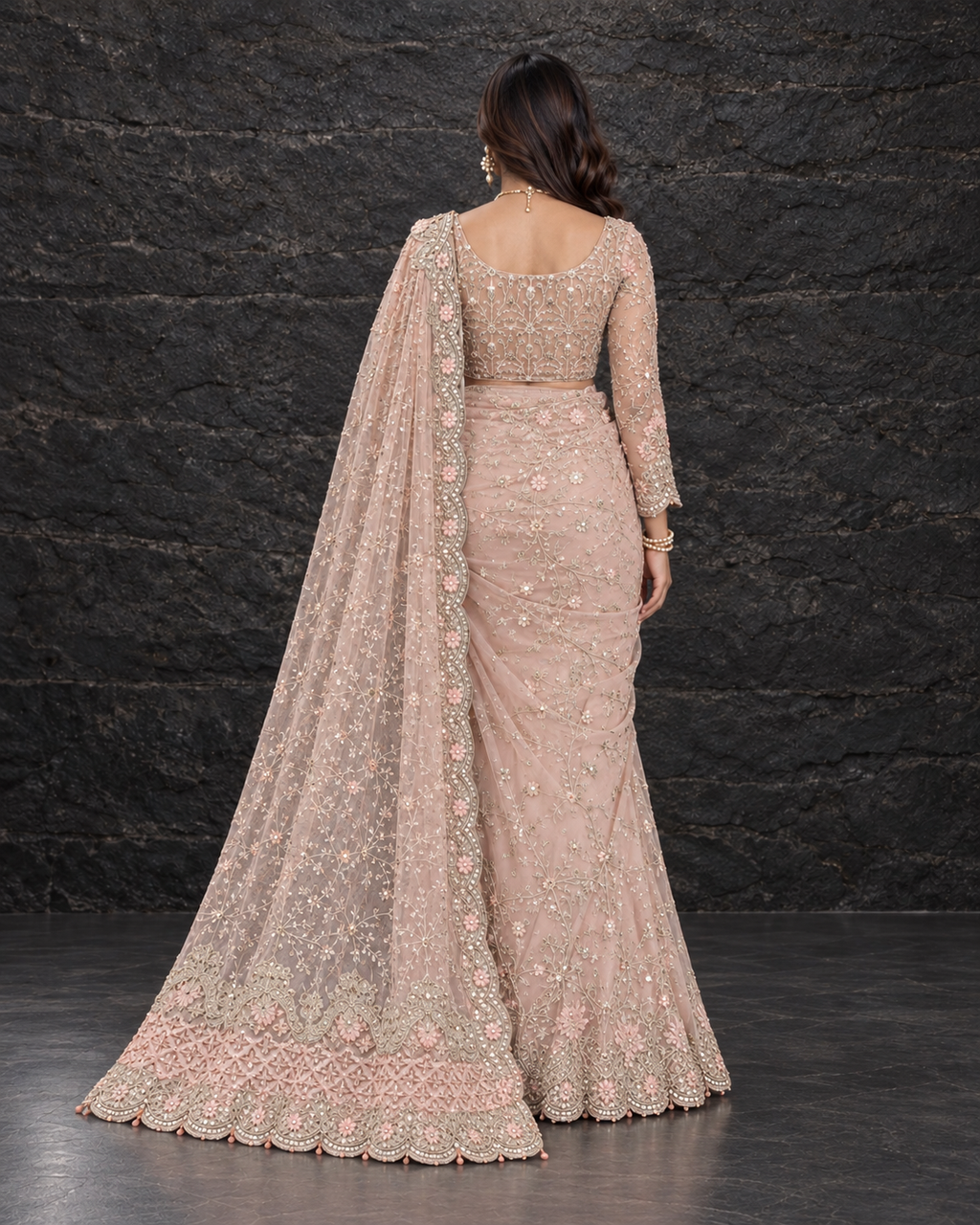 Pink Heavy Embroidered Net Saree (ATS-005)