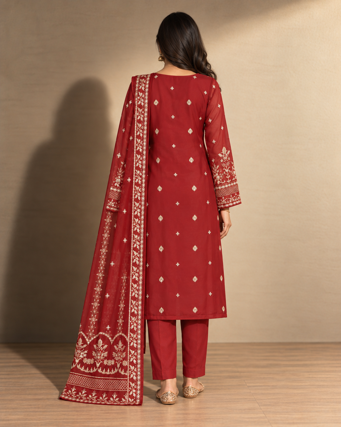 Red Embroidered Organza Suit (ATK-001)
