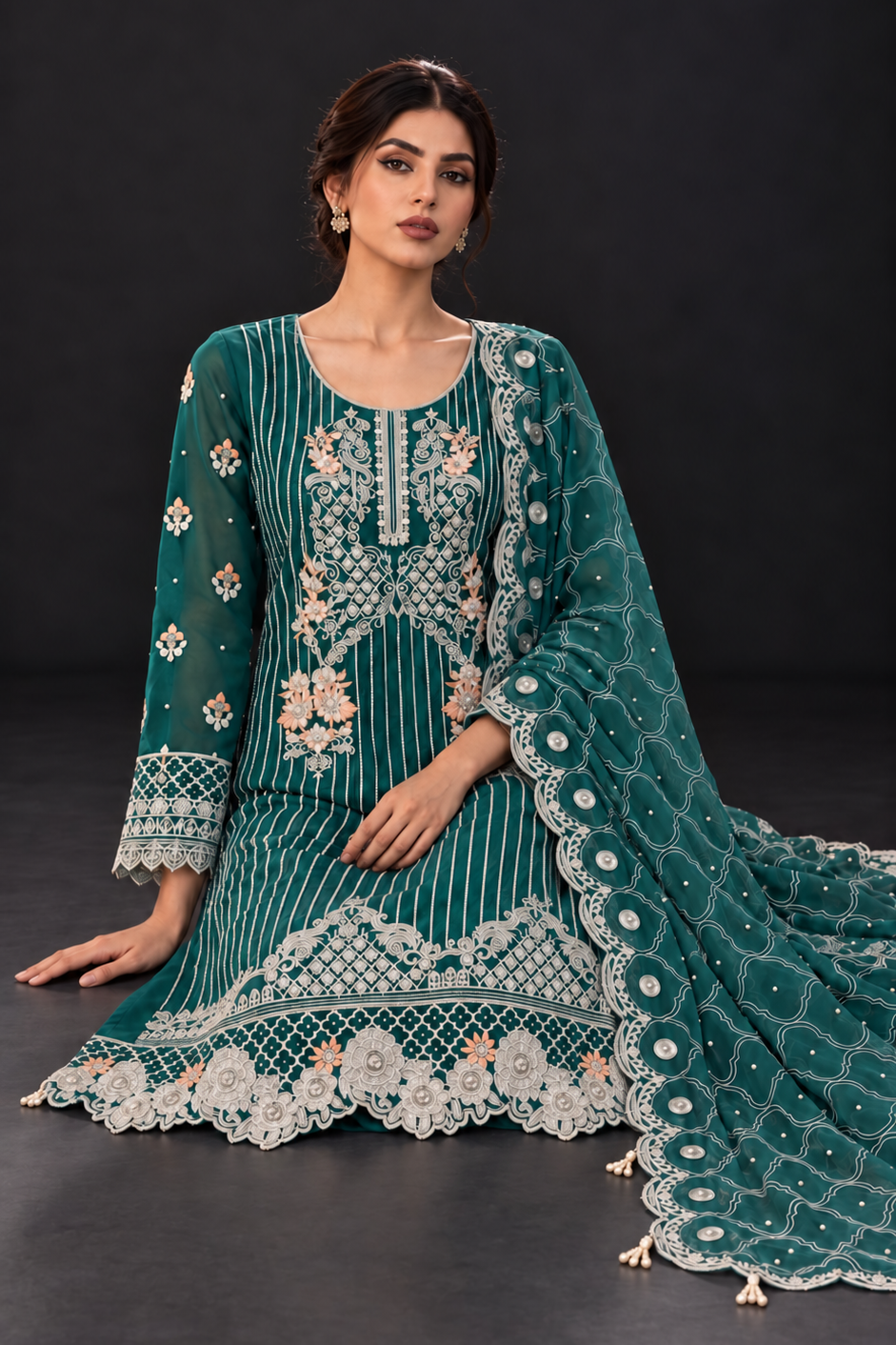 Teal Embroidered Organza Suit (ATK-006)