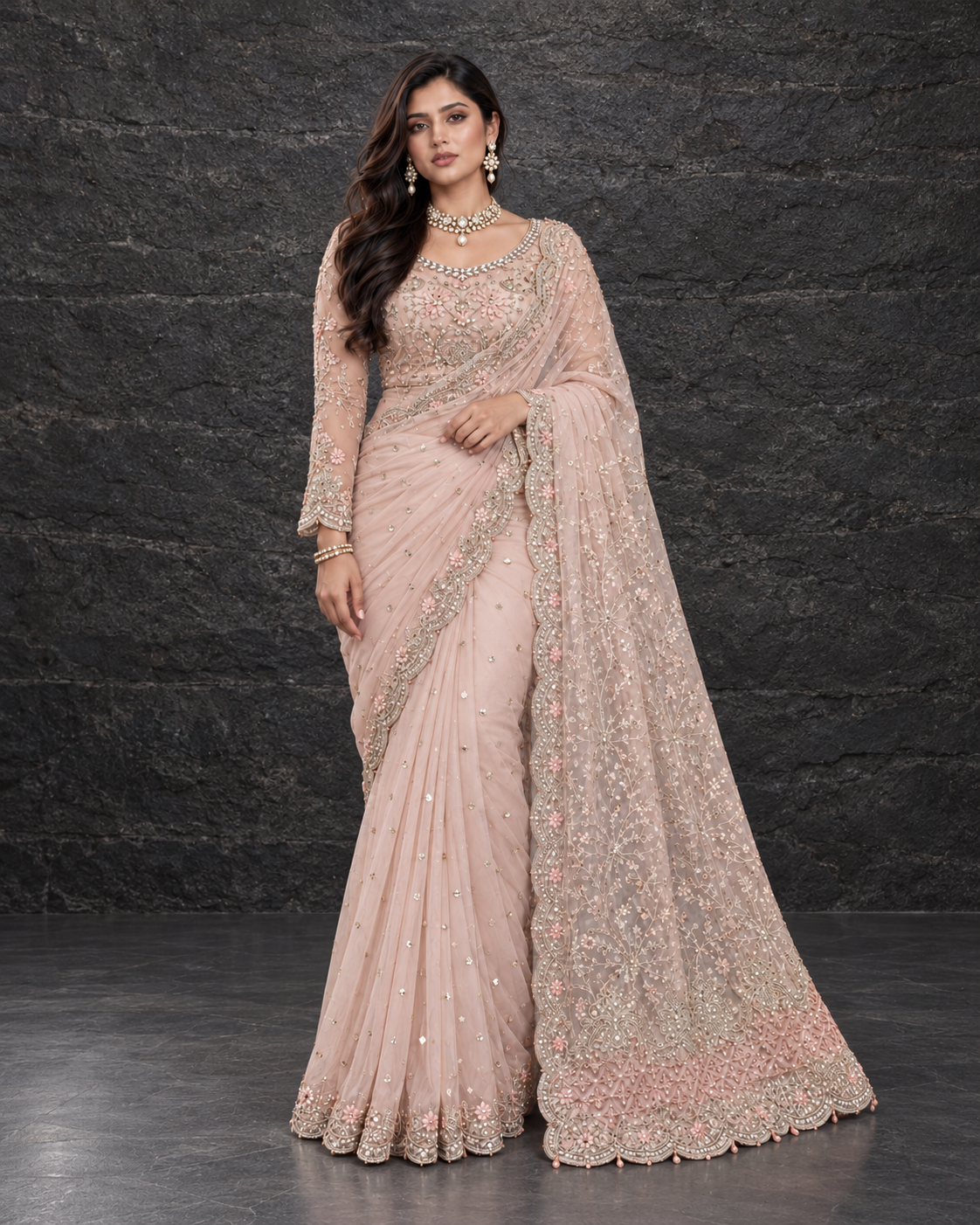 Pink Heavy Embroidered Net Saree (ATS-005)