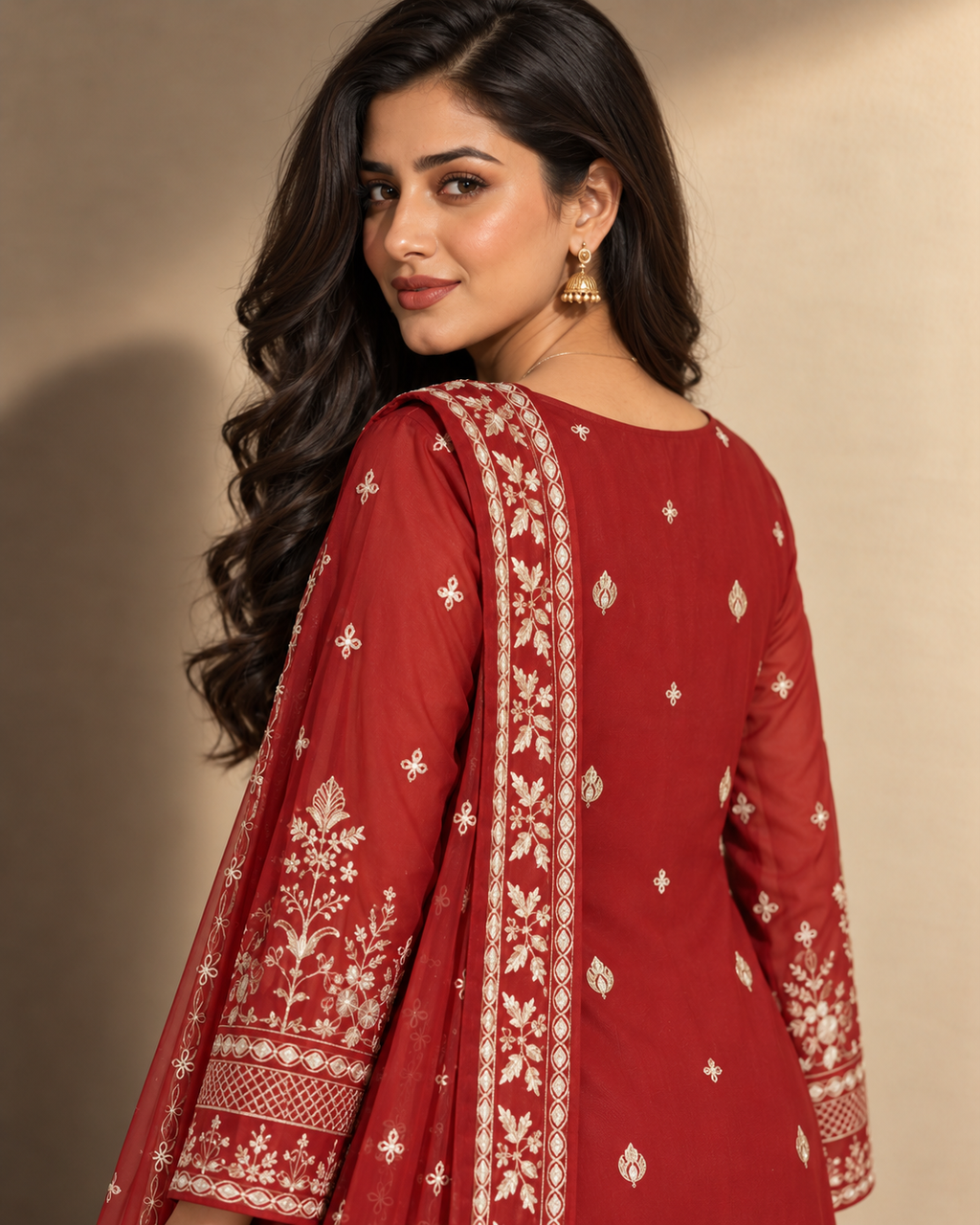 Red Embroidered Organza Suit (ATK-001)