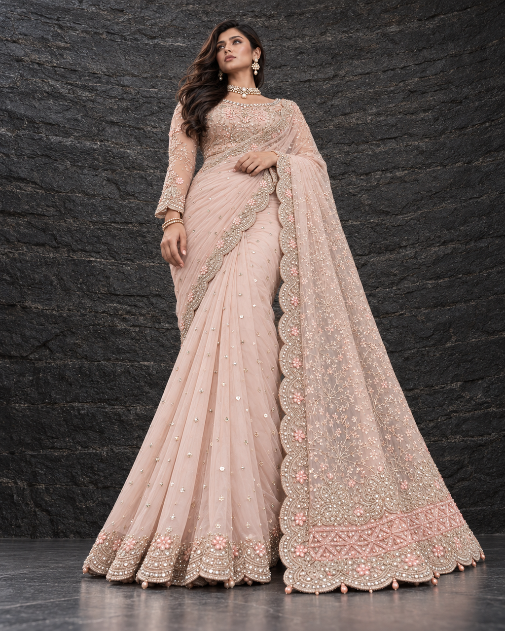 Pink Heavy Embroidered Net Saree (ATS-005)